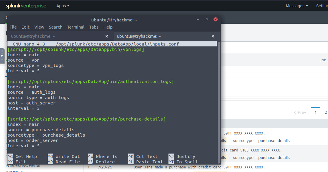 Completed inputs.conf file with vpn, auth and purchase logs