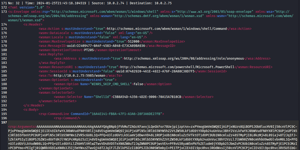 XML data extracted from the WSMan packets